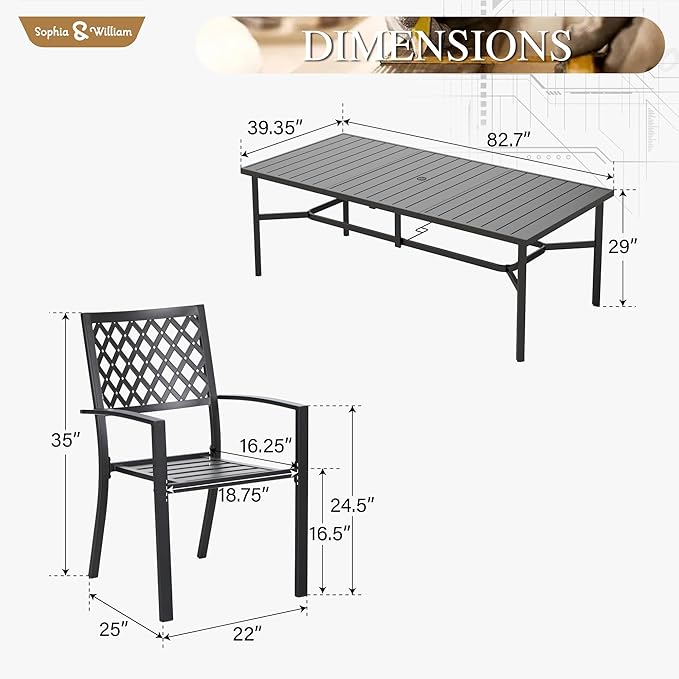 Sophia & William Patio Table and Chairs Set, Outdoor Dining Set for 8, 9 Piece Metal Patio Furniture, 82.7" Black Rectangular Table(Diamond)