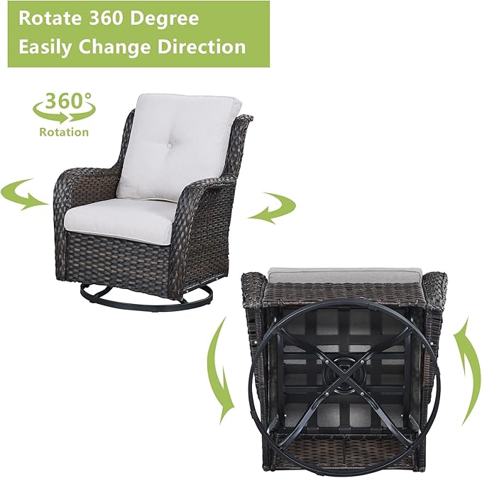 Rilyson Wicker Patio Furniture Set - 4 Piece Rattan Outdoor Sectional Conversation Sets with 2 Swivel Rocking Chairs,2 Ottomans for Porch Deck Garden(Brown/Beige)