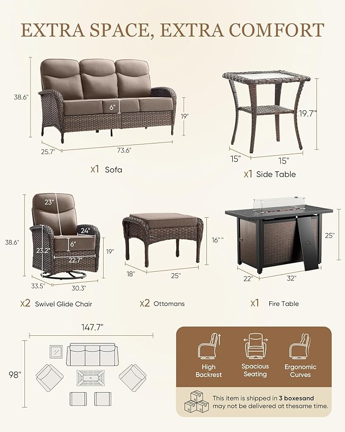 Belord Upgraded 6“ Cushion Luxury Patio Furniture Set with Fire Pit Table - 7 Piece Wicker Furniture Set with High Back Swivel Rocker Patio Chairs, Conversation Set for Deck Porch Yard - Brown/Grey