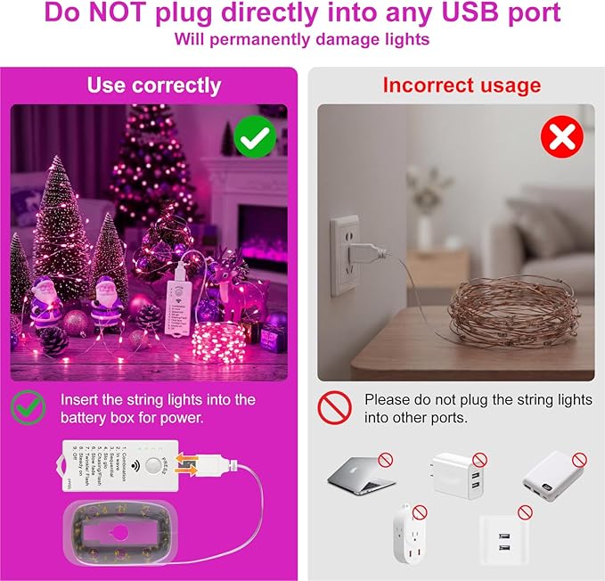 HXWEIYE Rechargeable Fairy Lights Battery Operated, DIY Timer & 8 Modes, 2 Pack 16FT 50LED Twinkle String Lights Indoor, Led mini Lights for Bedroom Wedding Dorm Christmas Tree Decor (Pink)