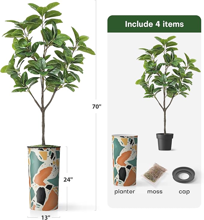 Artificial Tree in Modern Geometric Pattern Planter, Fake Rubber Silk TRE for Indoor and Outdoor Home Decoration - 70" Overall Tall (Plant Pot Plus Tree)