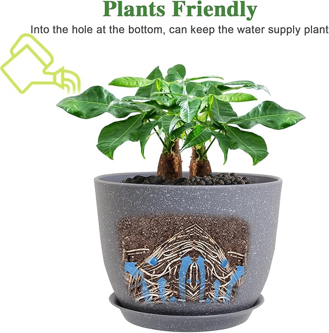 UOUZ 12inch Large Plant Pot, Modern Plastic Planter with High Driange Holes and Saucer for Indoor Outdoor Garden Plants and Flowers, Grey Speckles