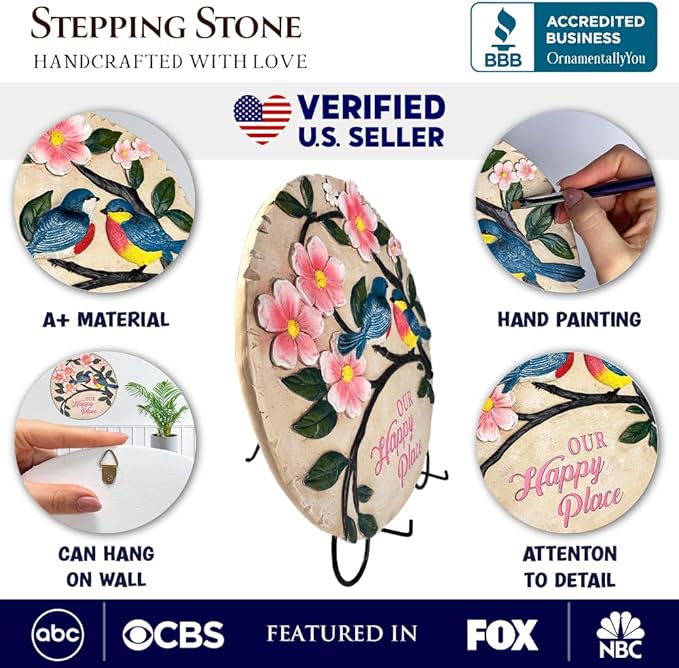 OrnamentallyYou Elegant Resin Stepping Stone, Outdoor Garden Pathway Decoration (Blossoming Songbirds Positivity Stepping Stone, 9.5" Happiness Garden Decoration and Support Gift)