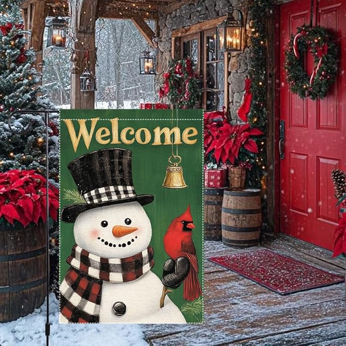 Welcome Snowman Garden Flag Double Sided 12x18 Inch Burlap Winter Outdoor Yard Decoration with Cardinal Bird and Bell Christmas Holiday Decor