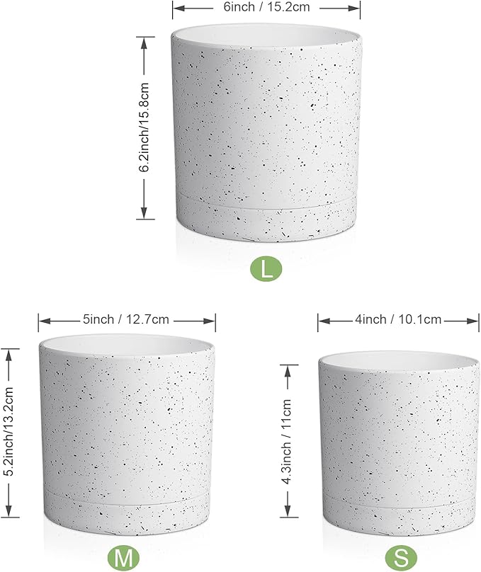 Meowell 6/5/4 inch Plant Pots, 3 Pack Cylinder Flower Pots for Small Indoor Outdoor Plants, Plastic Planters with Drainage Holes and Saucers for Garden Succulent House Plants, Speckled White