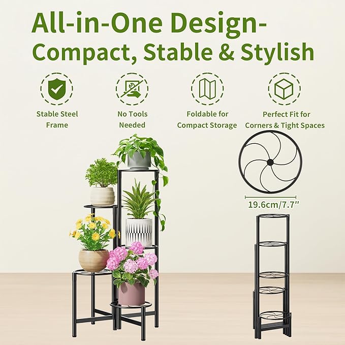 NQW Corner Plant Stand Indoor Outdoor Tall Metal Flower Pot Stands for Multiple Plants 5 Tier Heavy Duty Plant Shelf for Patio Garden Balcony Living Room Bedroom Black Kite