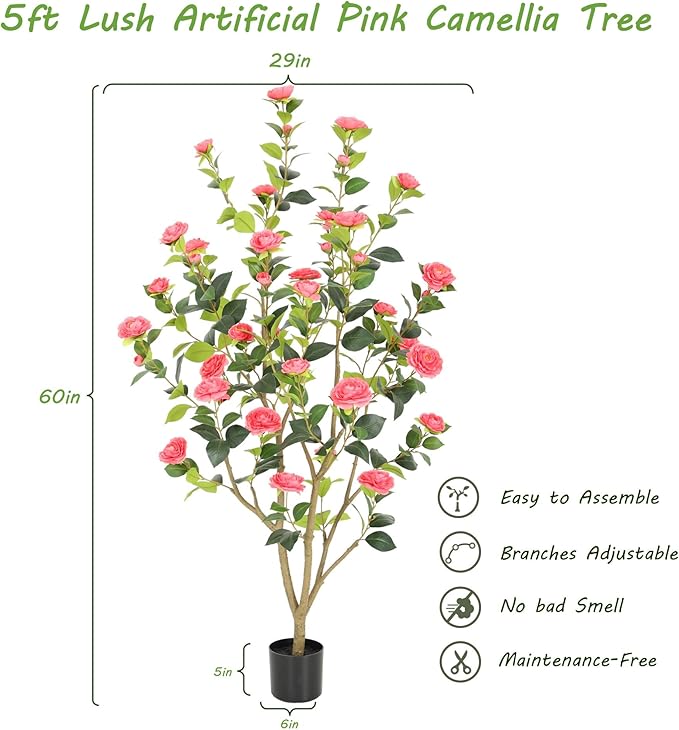 Nafresh 5FT Lush Artificial Pink Camellia Tree Outdoor 2 Pack, 60inch Faux Camellia Plant, Fake Camellia Flowers Tree for Indoor Outdoor Living Room Home Patio Front Door Garden Decor