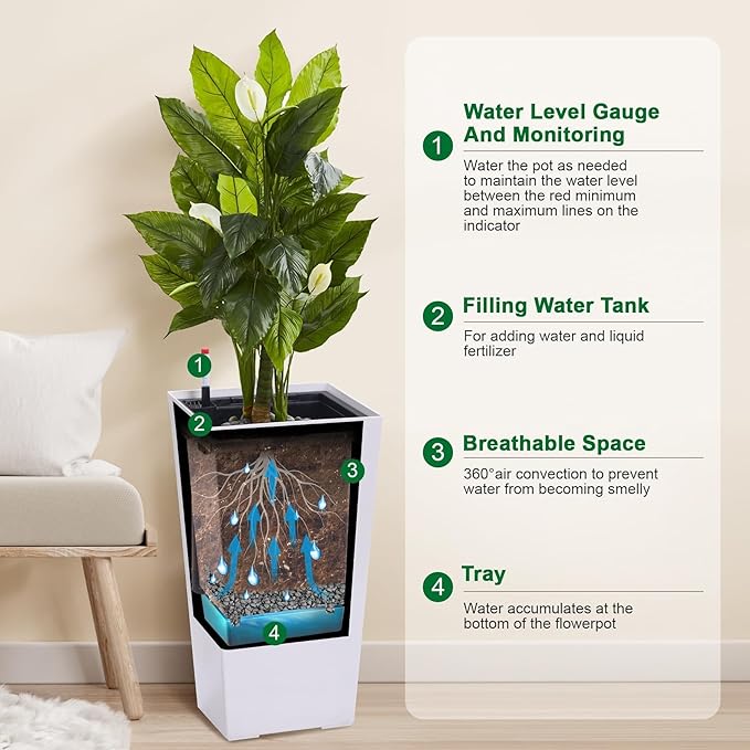 23" Tall Planter - 2-Pack Large Outdoor Indoor Plant Pots with Smart Watering System, Weather-Resistant Durability, Convenient Design, White
