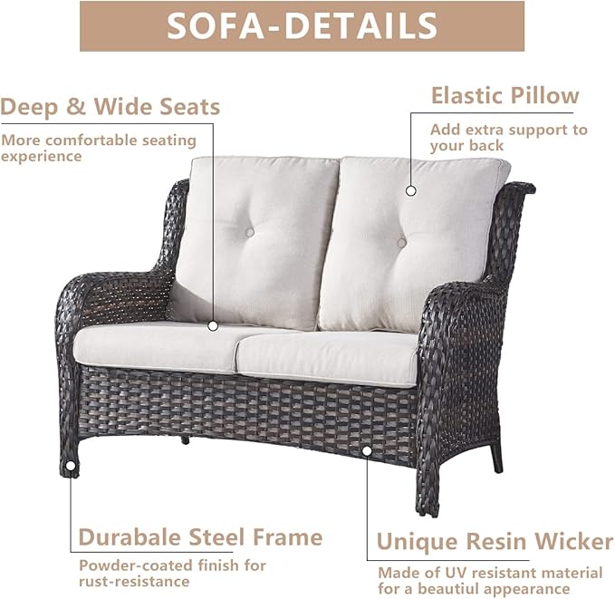 HUMMUH 4 Piece Patio Conversation Furniture Set PE Wicker Rattan Outdoor Loveseat Sofa,Patio Chairs,Coffee Table for Garden,Poolside,Backyard,Deck
