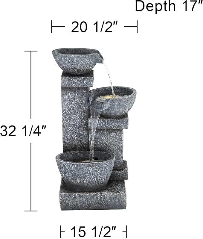 Three Bowls 32 1/4" High Large Modern Indoor Outdoor Decor Gray Faux Stone Floor Fountain with Light LED Waterfall Cascading Water Feature for Outside Garden Patio Yard Backyard - John Timberland