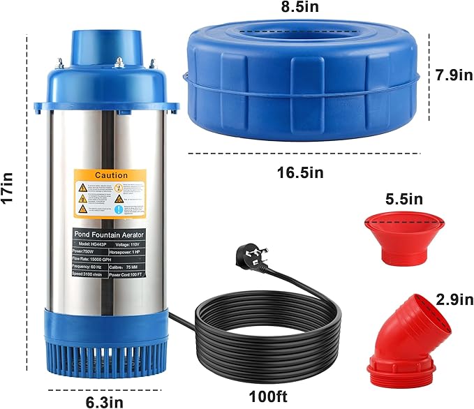 Stainless Steel Pond Fountain Aerator, 15000 GPH Fountain Pump, 750W (1HP) Pond Pump with 100 ft Power Cord and Two 30 ft Tie-Down Ropes, Pond Aerator for Outdoor Ponds and Lakes