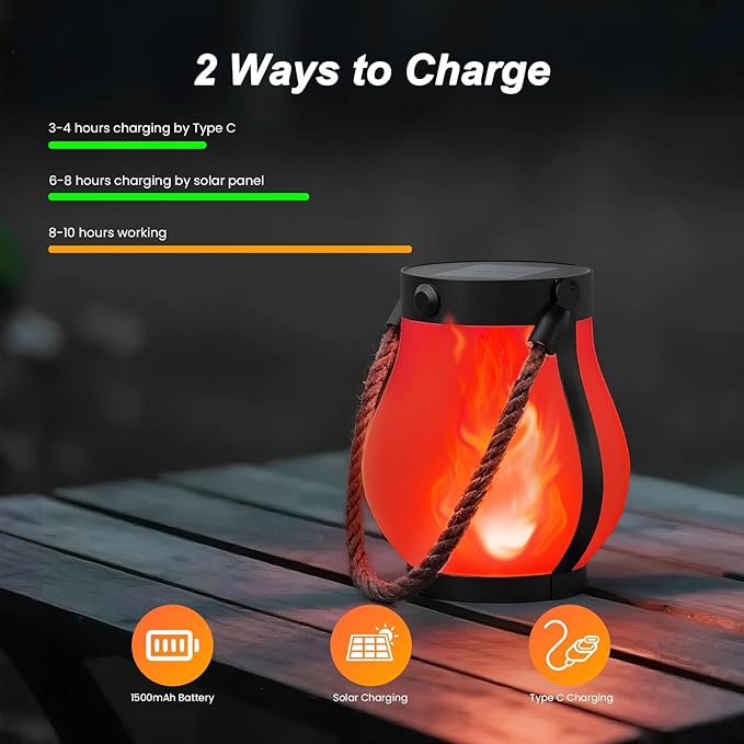Hompavo Gen2 Solar Lanterns Outdoor with Ultra-Real Flame, Dual Charging (USB/Solar) & 2 Modes - Waterproof Decorative Hanging/Table Lights for Patio Garden Halloween Christmas Decorations, 2/Red