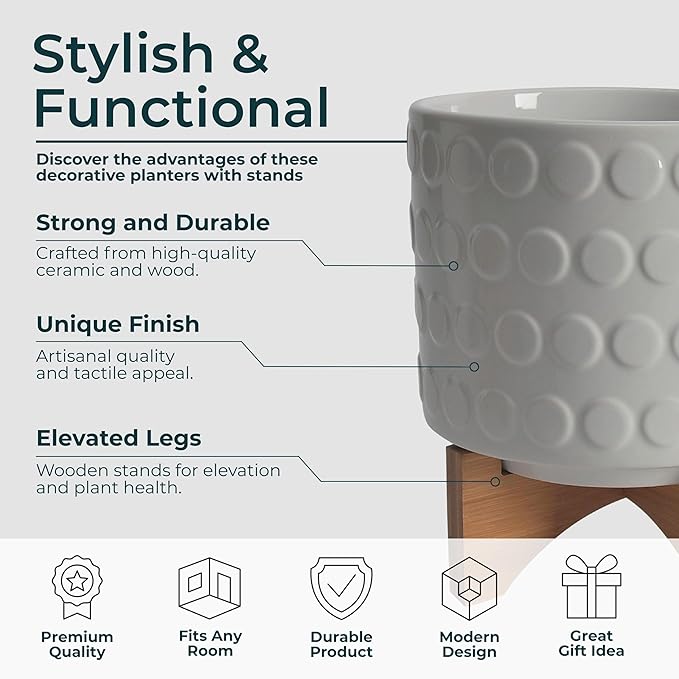 Set of 2 Ceramic Planters with Bamboo Plant Stand Indoor – Elevated Plant Stand Display, Living Room or Patio Planters – Textured Design for Modern Balance and Warmth, Home Decor – 7" & 10.5", White