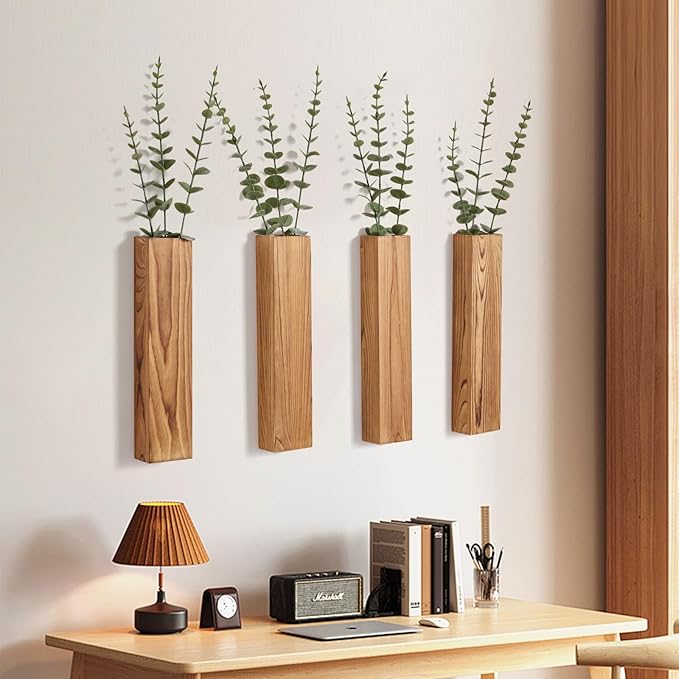 4 Pack Wooden Wall Planters with Fake Eucalyptus Stems, Modern Farmhouse Wood Vases Plants Wall Decor for Living Room, Bedroom, Bathroom (Dark Brown)
