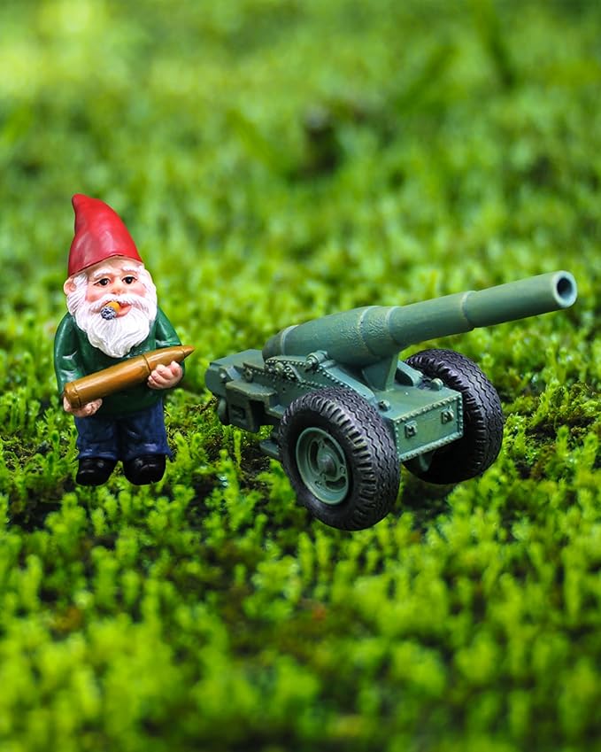Military Garden Gnome Statue with Cannonball and Cannon Cart, Funny Tactical Gnome Decorations Figurine Ornament for Indoor Outdoor Lawn Statue Patio Yard, Halloween Christmas Thanksgiving Gifts