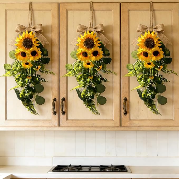 24in Artificial Sunflowers Teardrop Swag Spring Summer Sunflowers Floral Swag Wreath with Burlap Bow Fake Yellow Sunflower Garland for Front Door Indoor Outdoor Window Home Decor
