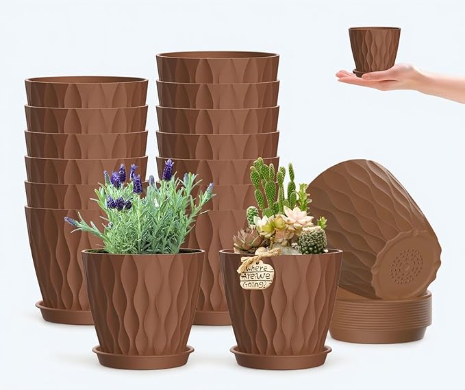 zople 16 Pack 4 Inch Plastic Planter Pots with Tray, Heavy Duty Indoor Outdoor Planter Pots with 48 Drainage Holes for Herbs, Succulents, Seedlings, Flowers Durable and Lightweight Pottery red