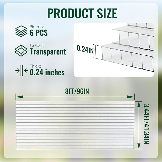 6 Pcs Polycarbonate Greenhouse Panels, 8'FT x 3.5'FT x 0.24" in Twin-Wall Polycarbonate Sheet, All-Season UV Protected Plastic Roof Sheeting for Greenhouse Covering/Outdoor Garden