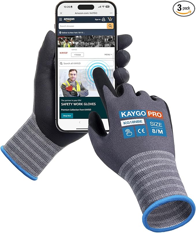 KAYGO Safety Work Gloves MicroFoam Nitrile Coated, 3 Pairs KG18NB,Seamless Knit Nylon Glove with full fingers Touchscreen, Ideal for Automotive,Warehouse,Construction (Gray,Medium)