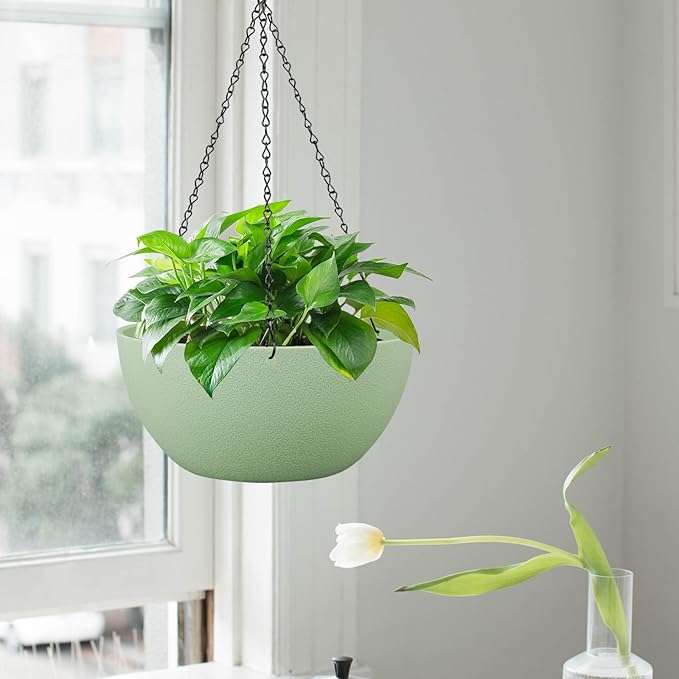 WSMKSZ 13 inch Large Hanging Planters Plant Pots for Outdoor Indoor Plants with Drainage Holes and Chain, 2 Pack Round Hanging Flower Pots for Garden Home Porch Decor, Green