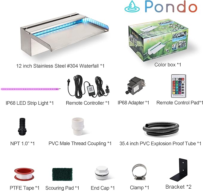 PONDO Pool Waterfall 12" APP with 16 Colors LED Lights, Stainless Steel Pond Fountain Set for Outdoor Decorations, Patio Waterfall Spillway Kit on The Wall for Garden, Easy Installation
