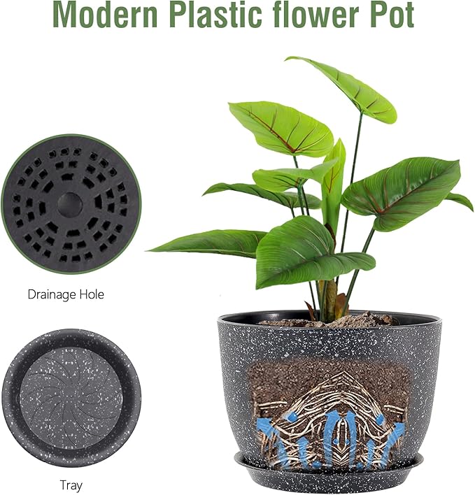 Meowell 12 inch Big Plant Pots, Plastic Planters with Drainage Holes and Trays, Large Flower Pots for Indoor Outdoor Plants, Modern Decorative Pots for Garden House Plants, Speckled Black