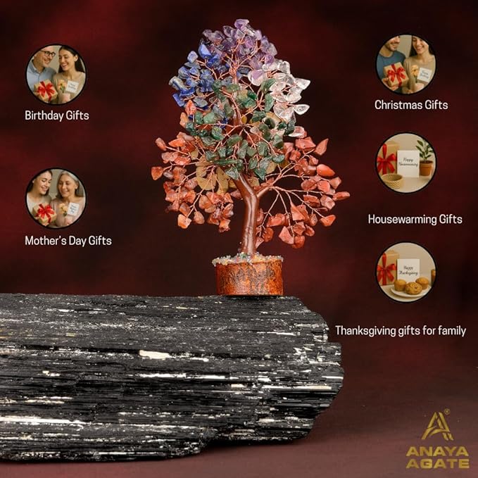 ANAYA AGATE 7 Chakra Crystal Tree of Life with Healing Necklace, and Chakra Bracelet - Gemstone Money Bonsai Trees for Women, Crystals and Healing Stones, Tree for Home, Office, Living Room Decor