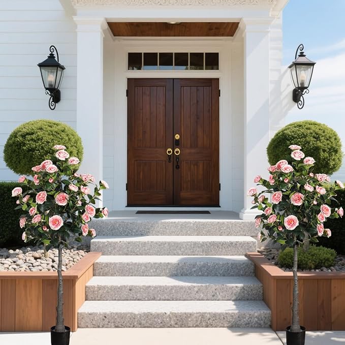 4.9FT Artificial Camellia Tree Outdoor - 40 Flowers, Pink Faux Potted Plant, Indoor Outdoor Decor for Home, Office, Porch, Patio, Pack of 2
