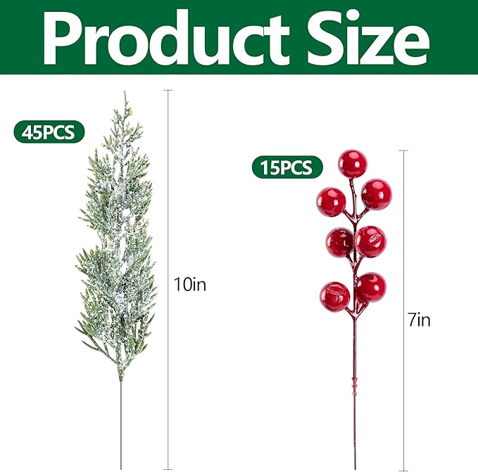 60 Pcs Artificial Christmas Snow Pine Branches with Red Berry Stems, Snowy Faux Greenery Norfolk Pine Cypress Leaves Stems, Berries White Frosted Fake Foliage Pine Needle Picks for Garland Home Decor