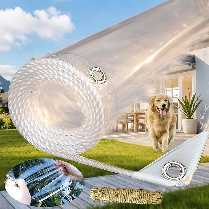 Clear Tarps Heavy Duty Waterproof 8x20ft Clear Tarp with Grommets 14mil Thickened Transparent Tarpaulin Tear Resistant for Patio Pergola Garden Canopy, Rainproof, Wind-Proof, Anti-Tear
