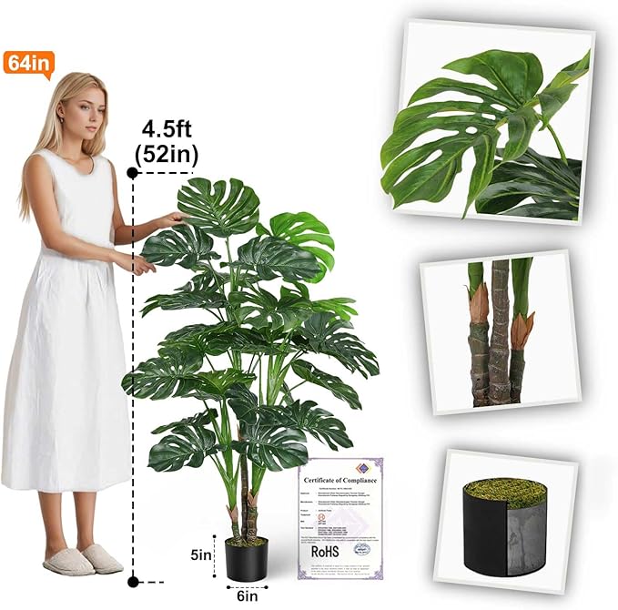 Aveyas 54'' Tall Large Artificial Monstera Deliciosa Plants, 4.5 Feet Faux Swiss Cheese Floor Plants Fake Tropical Silk Tree with Pot for Indoor Outdoor Office House Living Room Home Decor