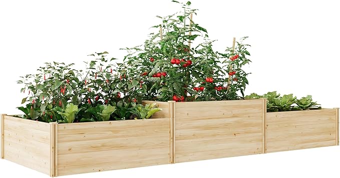 SPECRAFT 2 Tier Raised Garden Bed, 23 Inch Deep Fir Wood Planter Box with Mortise & Tenon Structure, 3-Section Open Base for Vegetables, Flowers & Herbs, Backyard, Garden & Patio, 142 x 49 x 24 in