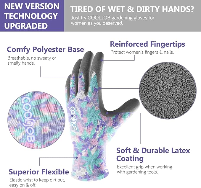 COOLJOB 6 Pairs Colorful Gardening Gloves for Women Ladies, Breathable Rubber Coated for Yard Garden, Outdoor Indoor Protective Work, Small Size, Varied Colors