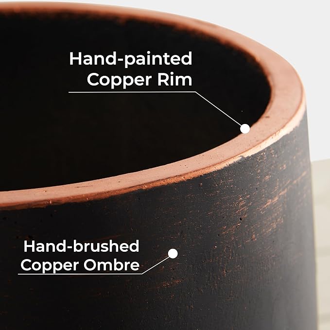 Wallowa 15.5" H Outdoor Concrete Planter, Round Flower Pot with Drainage Hole and Silicone Plug, Plant Container for Garden, Patio, Home, Office, Black, Copper Rim, 1 Pack