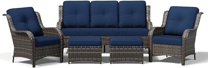 Joyside 5 Piece Wicker Patio Furniture Set, Rattan Patio Chairs with High Back, Deep Seating, Wide Armrest, Thickened Cushions, Outdoor Furniture for Deck, Porch Use