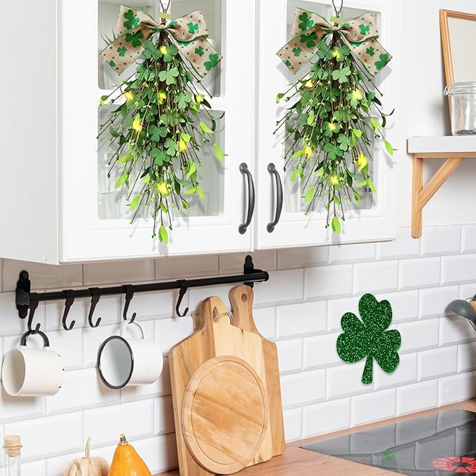2 PCS St.Patrick's Day Swag Wreath for Front Door Artificial Shamrock Teardrop Swags Wreath Lucky Irish Kitchen Cabinet Wreaths for Home Indoor Outdoor Porch Wall Window Fireplace Mantel Decoration