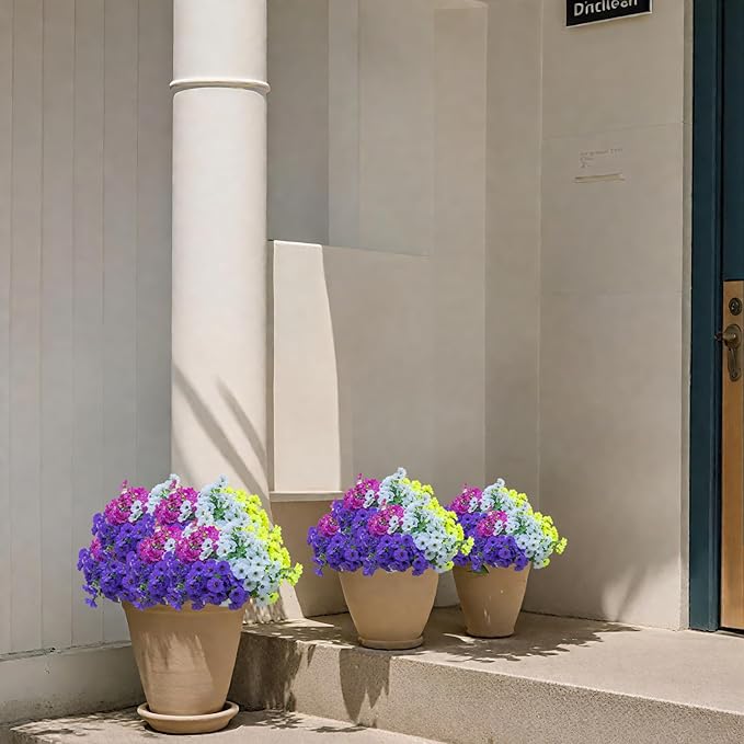 VDVST Artificial Flowers for Outdoors,UV Resistant Artificial Outdoor Flowers,Not-Fading Faux Flowers for Outdoor Planters Front Door Porch Yard Patio Garden Home Decor,12 Bundles Mix 4 Colors
