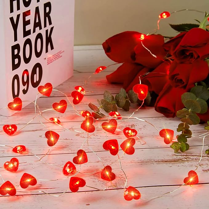 pozzolanas 2 Pack Red Heart Led Fairy Lights Battery Operated String Lights, 7 ft 20 LED Waterproof Firefly Light on Silver Wire for Home Party Wedding Valentines Decorations