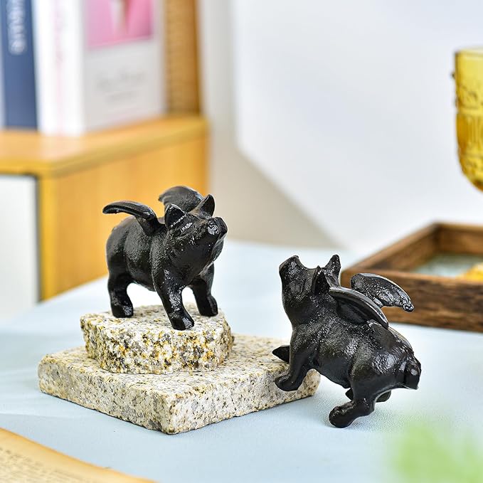 Sungmor Whimsical Cast Iron Flying Pig Statue, 2pcs Rustic Black Cute Little Piggy Paperweight, Garden Collection Figurine Home Office Desk Ornament, Indoor Outdoor Animal Statues