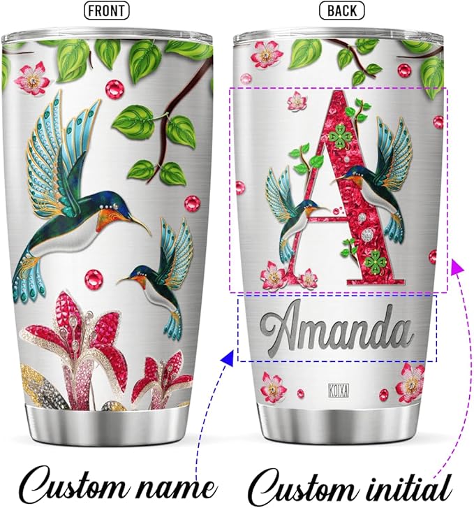 Personalized Initial Coffee Tumbler Hummingbird Custom Name Birthday Gifts For Women Mom Travel Mug With Lid Insulated Cup Cold Steel Tumblers Inspirational Quotes Jewelry Styles