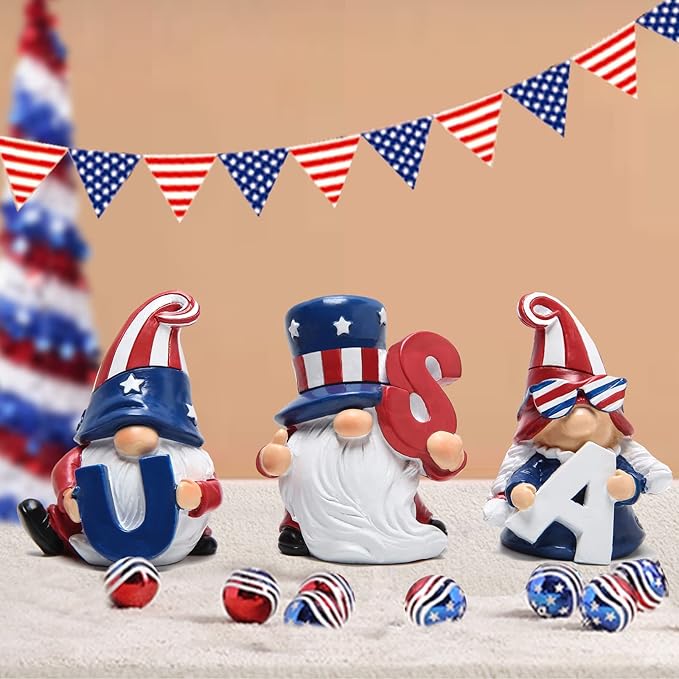 Hodao 3 Pcs Patriotic Gnome Decorations USA Stars and Stripes Elf Gifts Handmade Gnomes Figurines for National Day Memorial Day Ornaments Decor