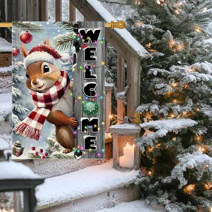 Christmas Garden Flag 28x40 inch The Nut Squirrel Welcome XMAS winter Garden Flags Yard Porch House Flag Double-Side For Home Outdoor Yard Patio Lawn Decor,Happy New Year merry Christmas banners for outside Decorations (RMQ-85, 28"X40")