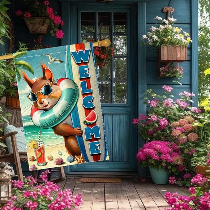 Welcome Garden Flag Double Side Burlap beach Surfboards Squirrel Summer Garden Flags Home Outdoor Yard Lawn Coastal Decorations(RMQ-479D, 28"X40")