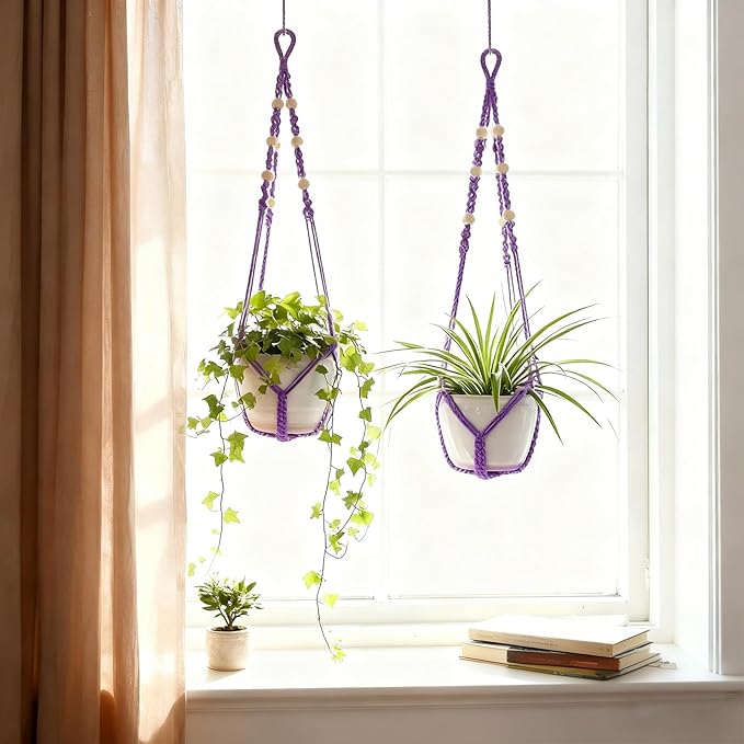 EJGIEGSO Macrame Plant Hanger, Up to 4-15 inch Pots, Wood Beads Cotton Hanging Planter Holder for Indoor Outdoor Boho Home Decor, 35 Inch, Set of 2 (Purple)