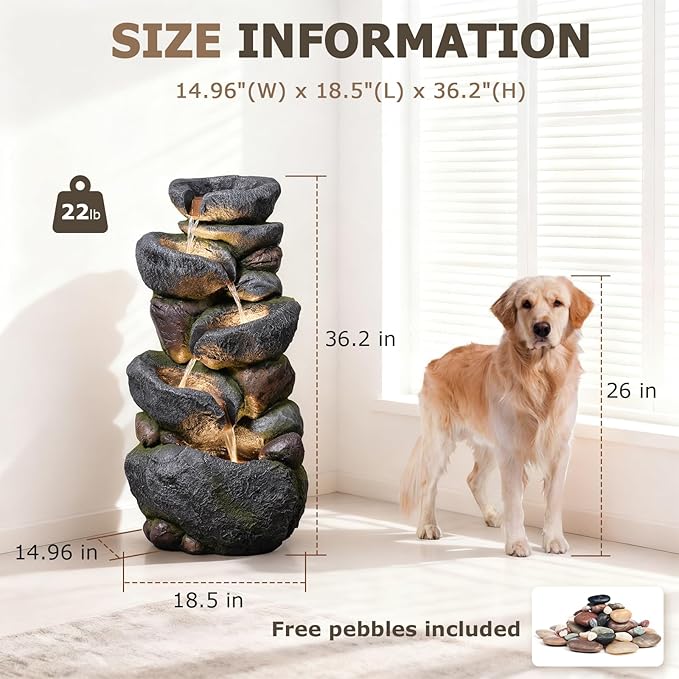 36.2''Tall Rock Outdoor Water Fountain, 5 Tiers Cascading Natural Outdoor Fountains and Waterfalls with LED Lights, Water Feature for Garden, Patio, Deck, Backyard Decor