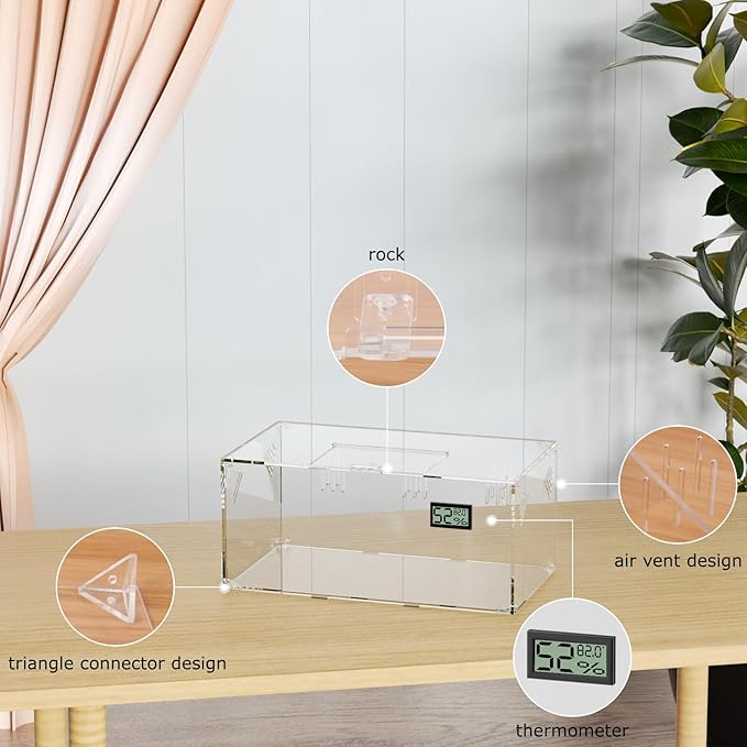 Giznzg Acrylic Tarantula Enclosure, Reptile Terrarium Breeding Tank w/Temperature Hygrometer,Habitat Reptiles Feeding Box Isopod Terrarium Cage for Insect Lizard Home Office (Reptile-Tank-L(No Tray))