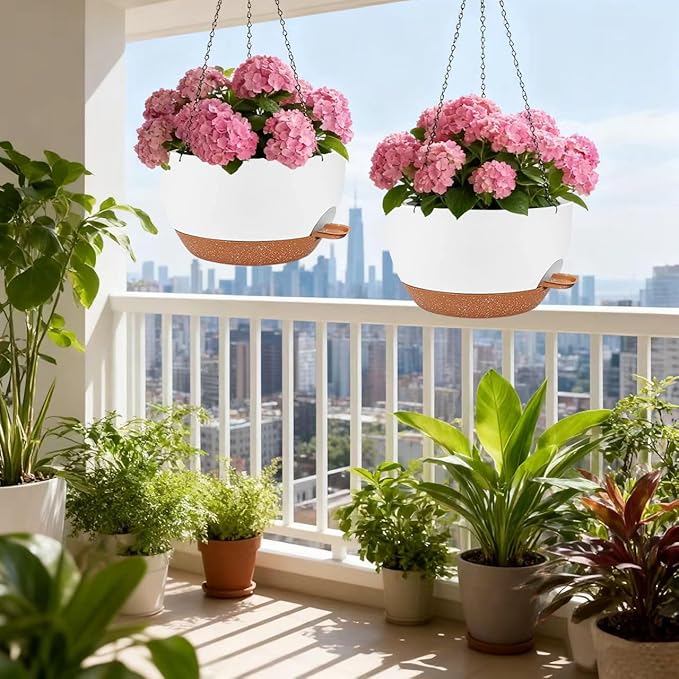 CNLBO 12 Inch Self Watering Hanging Planter for Indoor Outdoor Plants, 2 Pack Hanging Flower Pots with Drainage Holes and Saucers, Plastic Hanging Baskets for Kitchen, Balcony, Garden Decoration