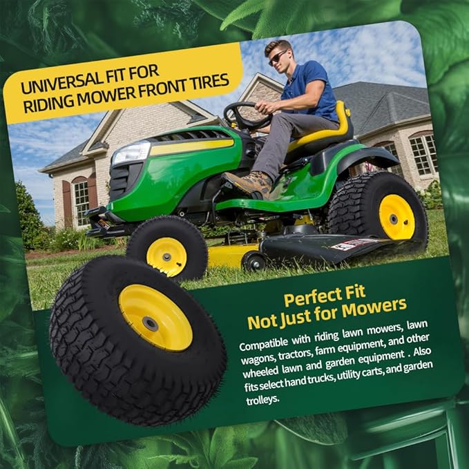 15x6.00-6nhs Lawn Mower Tires Tubeless (2 Pack),Replacement Riding Lawn Mower Front Tires,Compatible withRiding Mowers and Lawn Tractor, 3" Centered Hub and 3/4" Bushings（Yellow)