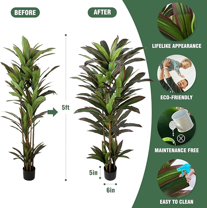 FLOWORLD Dracaena Artificial Plant 5ft Red Yucca Silk Tree Faux Plants Indoor Tall Fake House Floor Plants Realistic Artificial Trees for Home Office Decor Indoor Outdoor Housewarming Gift