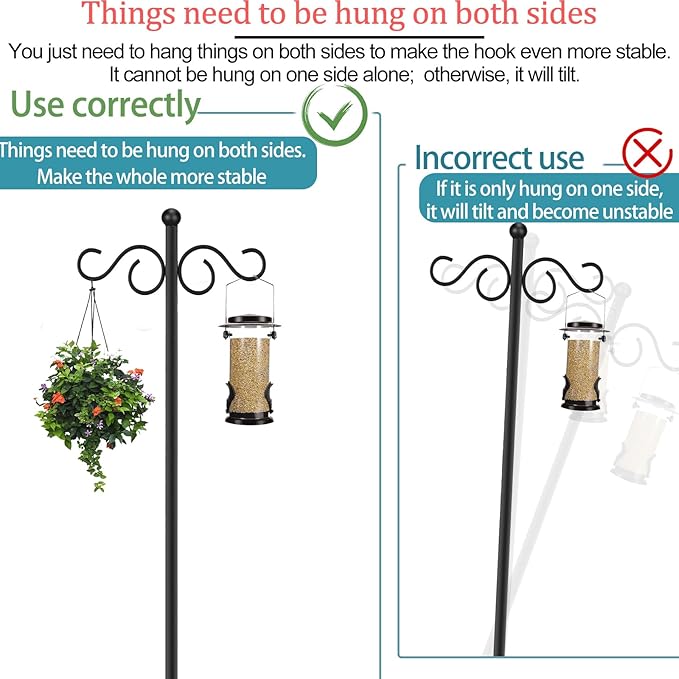 Vorriop 2 Set Shepherd's Hook Stand Plant，Bird Feeder，Wind Chime Hanger Stand, Waterproof Metal & Adjustable-Height Standing Pole Holder for Lantern and Wreath, Indoor & Outdoor
